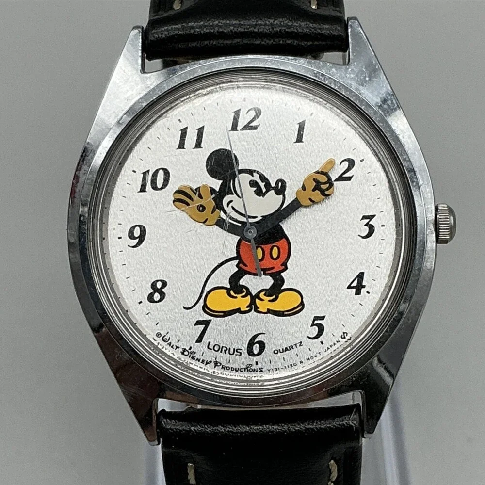 Vintage Lorus Mens Watch 33mm Mickey Mouse Dial Black Leather Disney New Battery